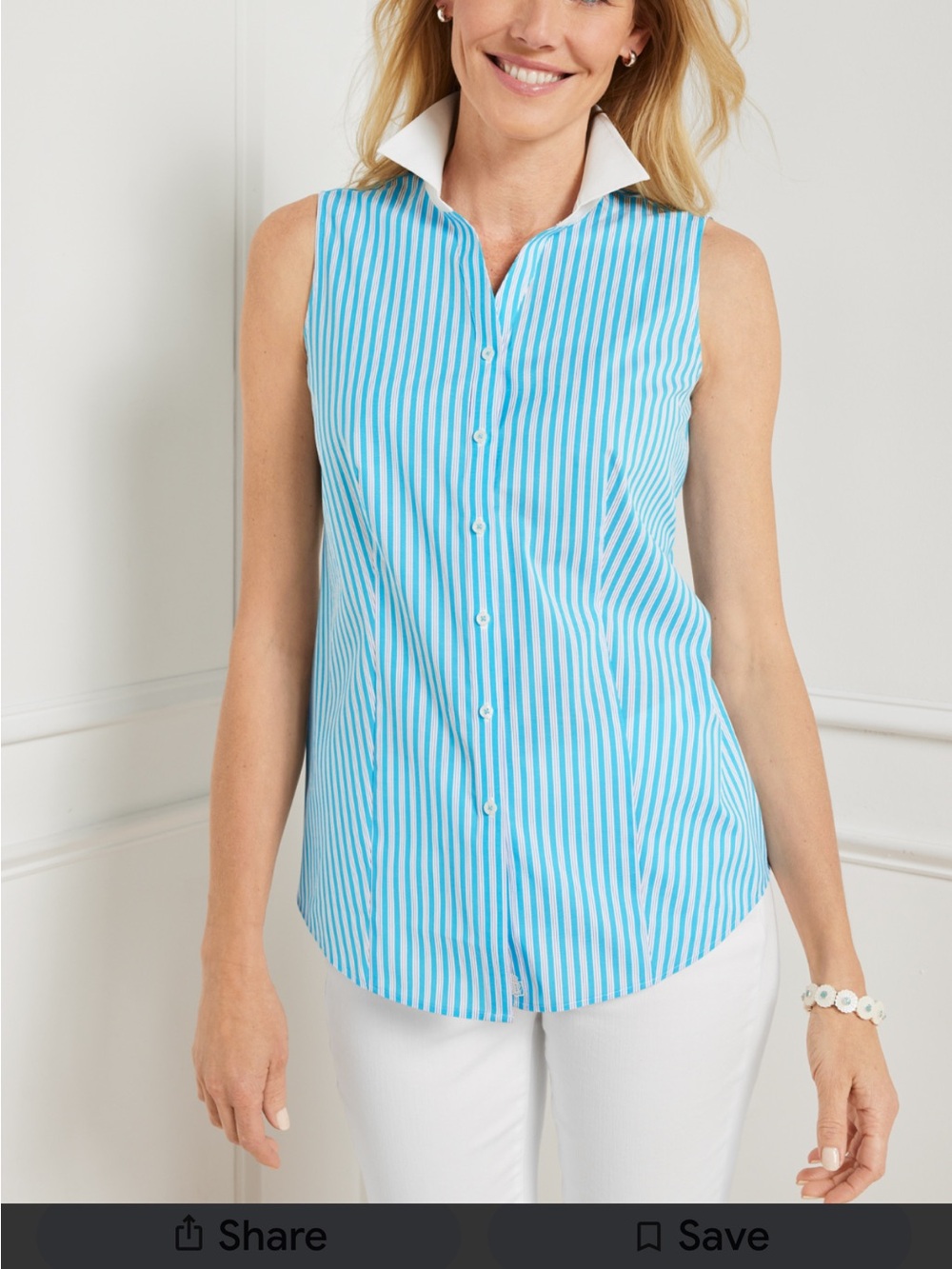 Talbots Turquoise and White Sleeveless Striped Button-Down Shirt